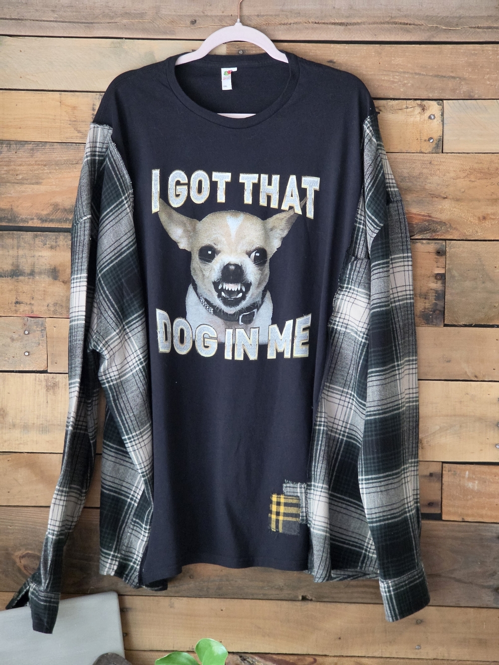 Upcycled Graphic T-shirt With Plaid Long Sleeves - Picture 3 of 8